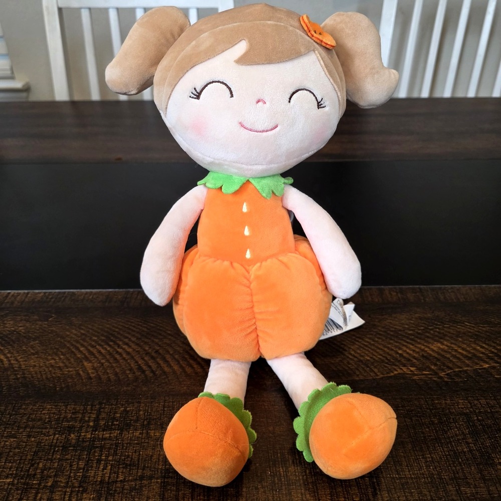 Gloveleya Pumpkin Plush Doll 14"‎ Girl Brunette Stuffed Lovey Halloween Orange